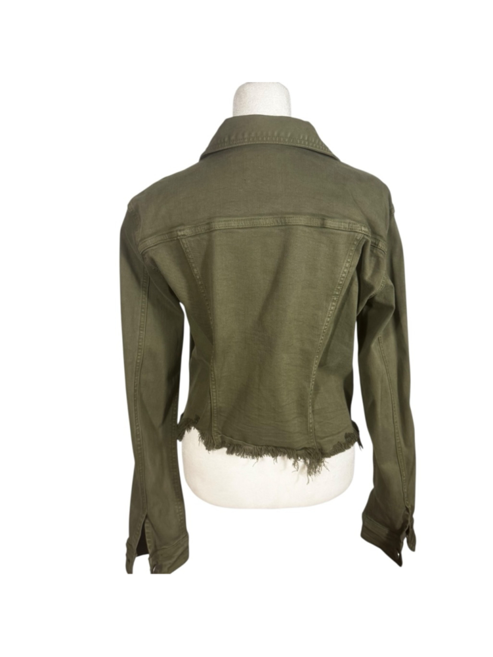 Size M Hidden Military Green Distressed Fringe Button Cropped Jean Jacket - Picture 7 of 10